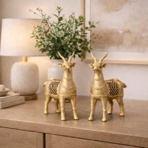 Handcrafted Dhokra Brass Deer Figurine | Tribal Lattice Art | 7 x 6 Inch Decorative Sculpture