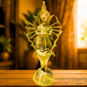 Singha Bahini Brass Sculpture – Handcrafted Goddess Durga on Lion | Dhokra Tribal Art