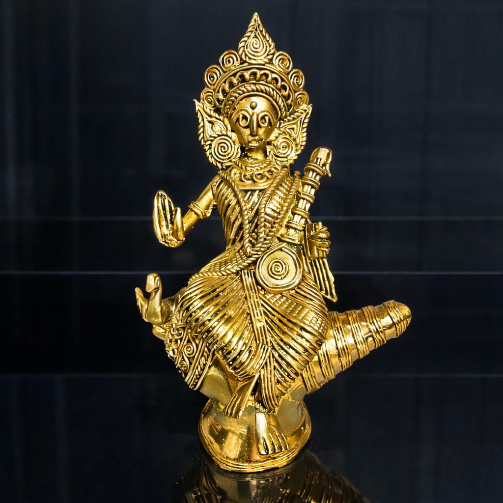Handcrafted Dhokra Brass Saraswati on Conch Shell – 6 x 4 inches - Image 3