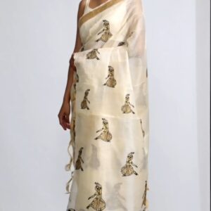 Assam Silk Saree with Classical Dancer Embroidery & Handcrafted Musical Motif Border