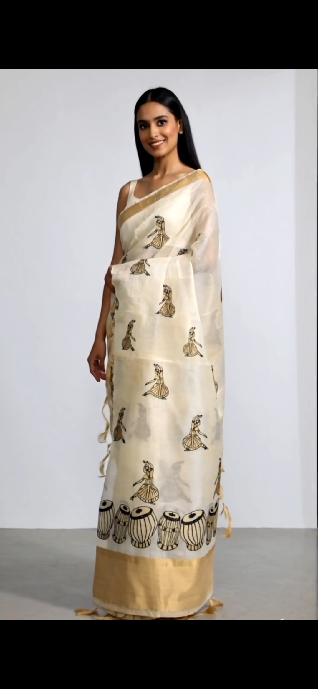 Assam Silk Saree with Classical Dancer Embroidery & Handcrafted Musical Motif Border