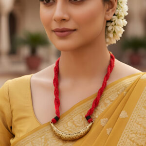 Handcrafted Dhokra Brass Crescent Necklace with Red Braided Cord