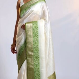 Pure Assam Silk Saree with Pastel Green Zari Border – Handwoven Elegance