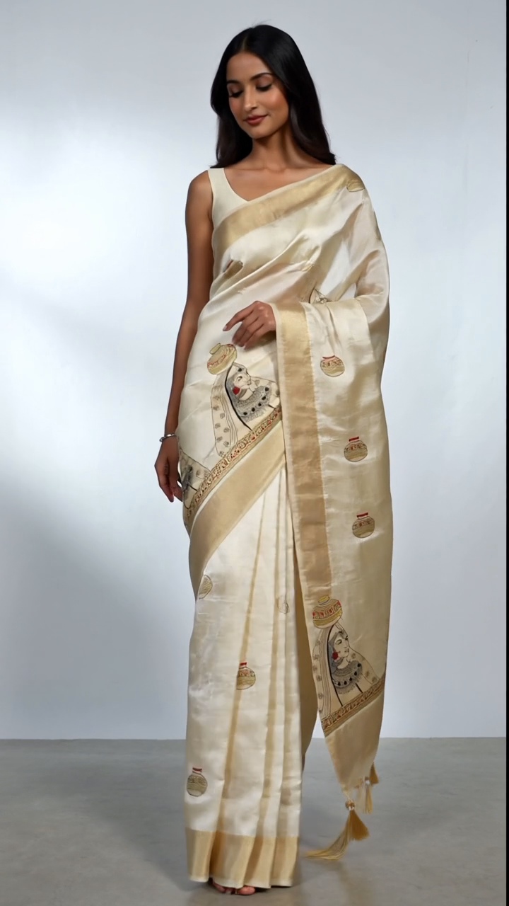 Premium Assam Silk Hand-Embroidered Saree – Royal Pattachitra Motif