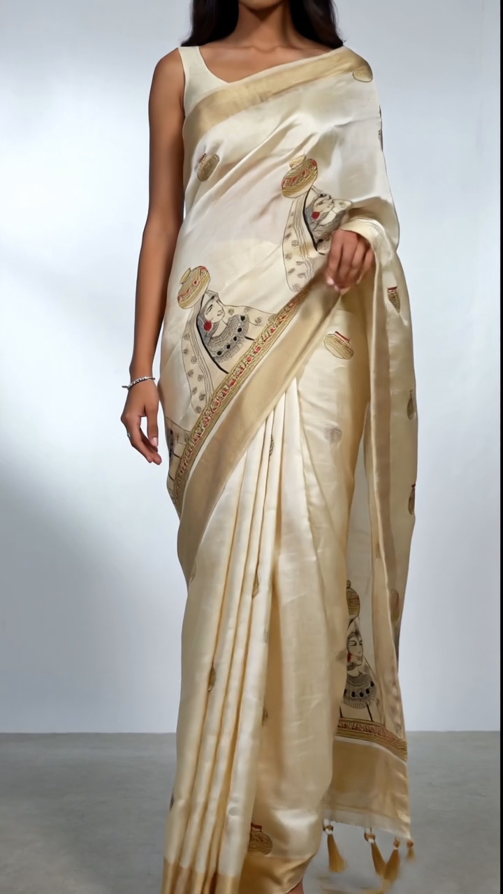 Premium Assam Silk Hand-Embroidered Saree – Royal Pattachitra Motif - Image 4