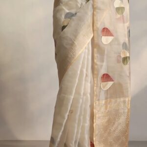 Ivory Assam Silk Saree with Multi-Color Woven Petal Motifs & Zari Border
