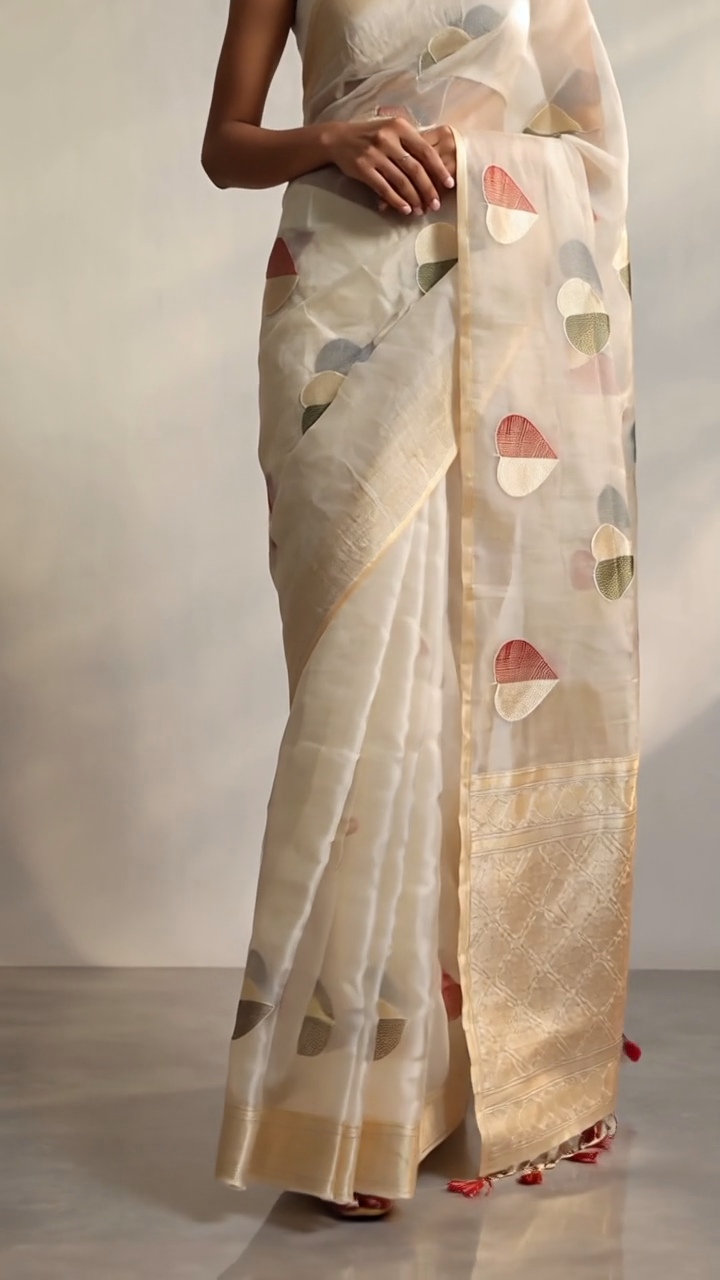 Ivory Assam Silk Saree with Multi-Color Woven Petal Motifs & Zari Border