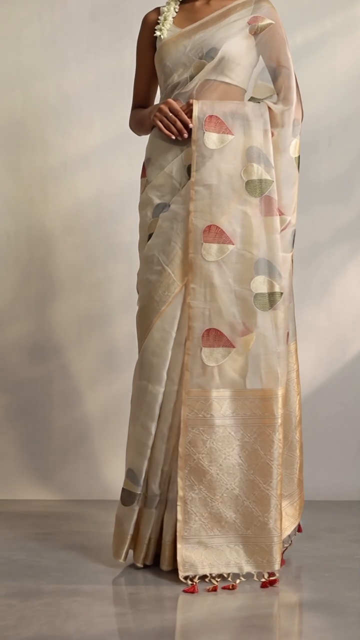 Ivory Assam Silk Saree with Multi-Color Woven Petal Motifs & Zari Border - Image 2