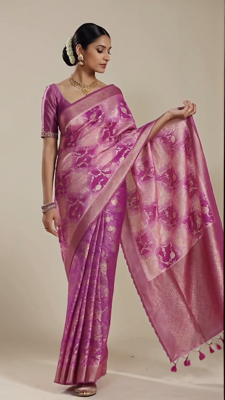 Premium Banarasi Assam Silk Saree – Pink Zari Brocade Elegance - Image 2