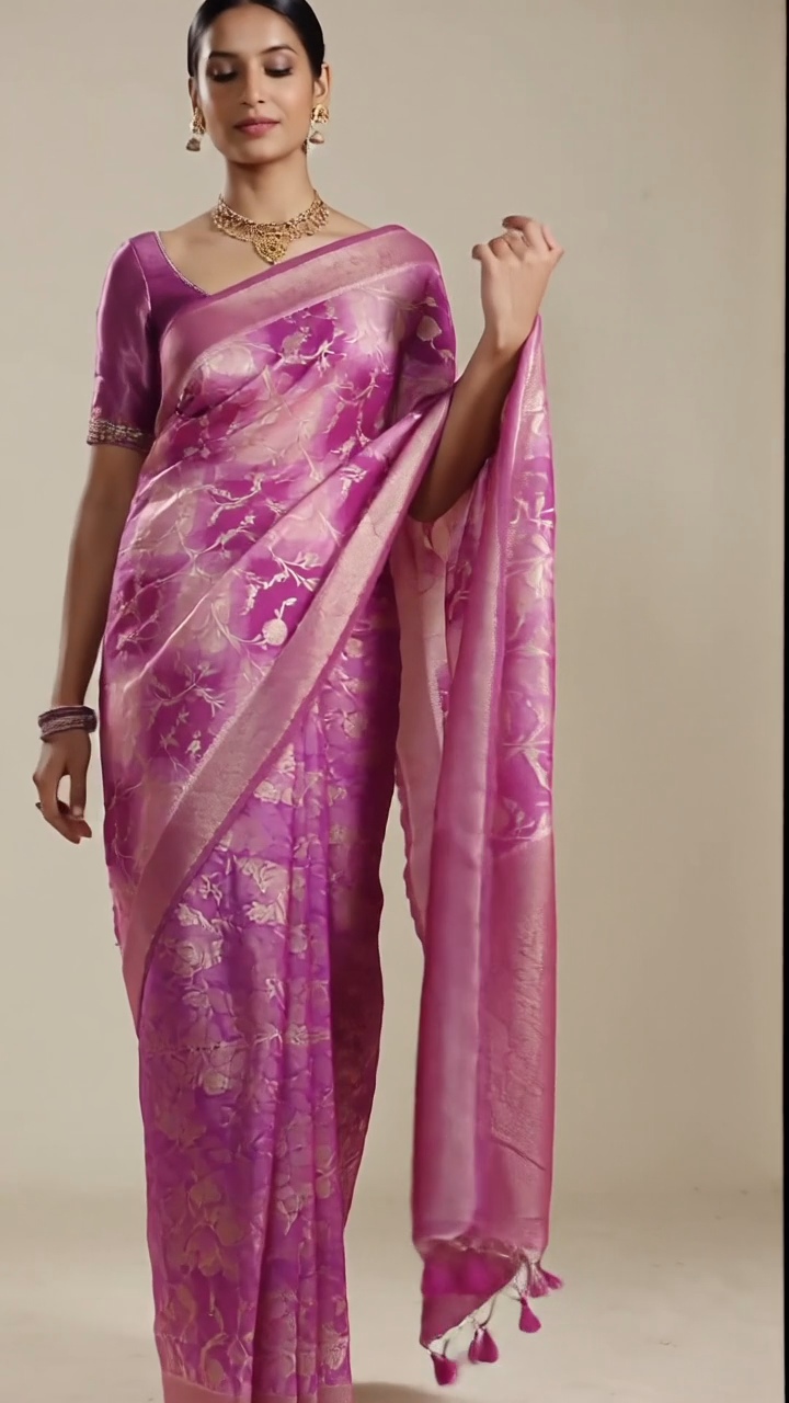 Premium Banarasi Assam Silk Saree – Pink Zari Brocade Elegance