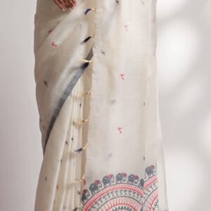 Ivory Assam Silk Saree with Temple Border & Subtle Thread Embroidery