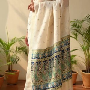 Ivory Assam Silk Saree with Blue-Green Meenakari Border