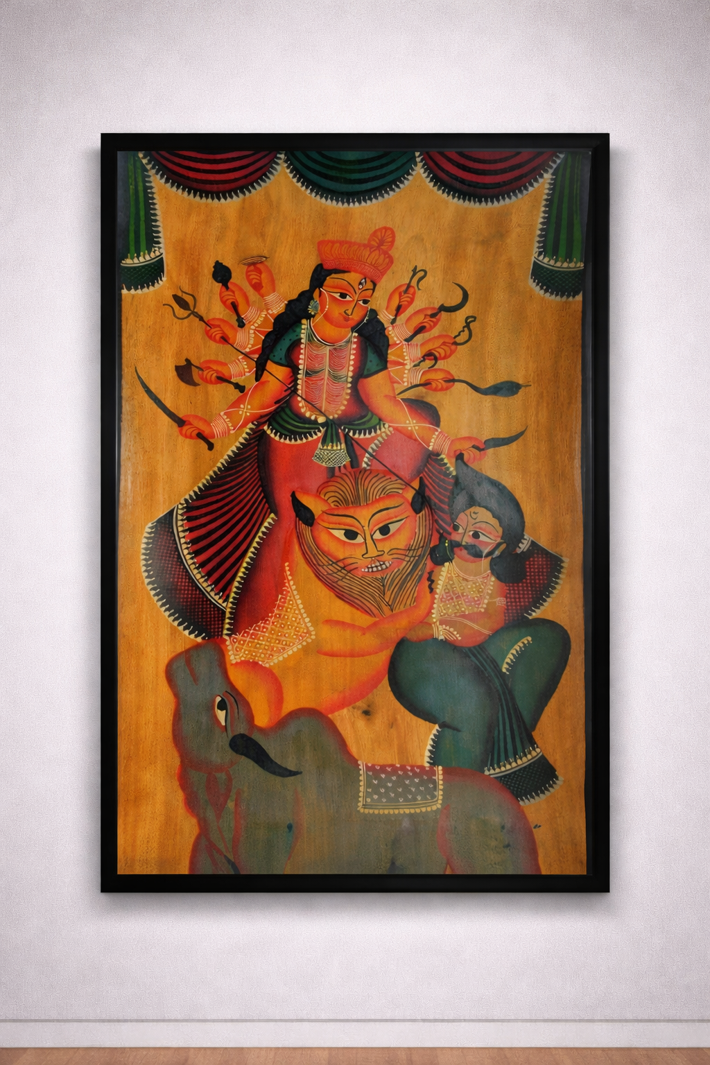 Mahisasur Mardini Kalighat Style painting on Mahogany