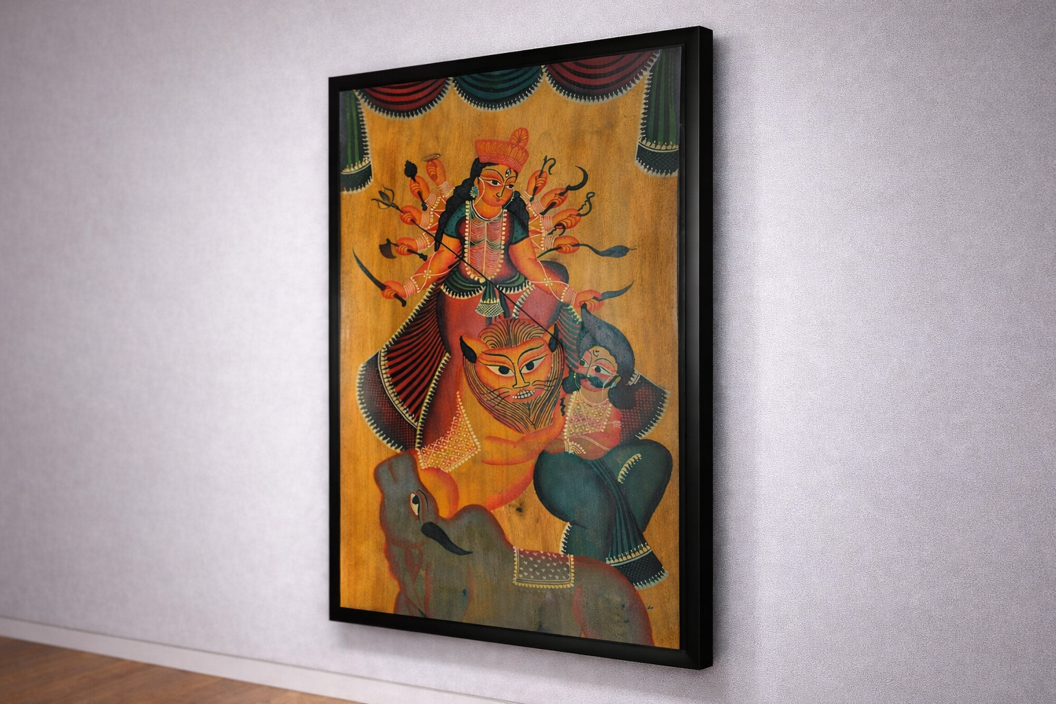 Mahisasur Mardini Kalighat Style painting on Mahogany - Image 3