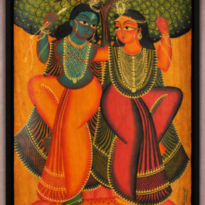 OriginalPainting Divine Duet – Kalighat Style Radha Krishna Painting on Mahogany Wood