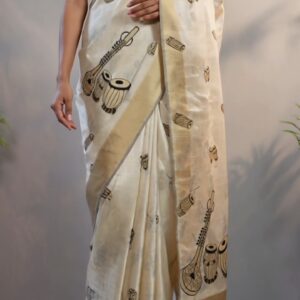 Handwoven Assam Silk Saree – Music Motif Edition (Premium Cream & Gold)