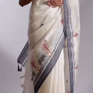 Ivory Assam Silk Embroidered Saree with Grey Border & Floral Detailing