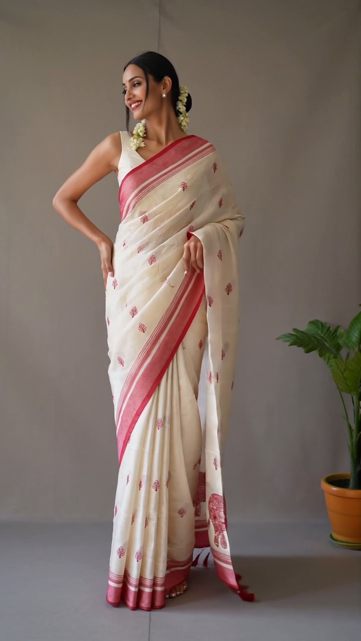 Ivory Assam Silk Saree with Pink Elephant Motifs & Traditional Border - Image 2