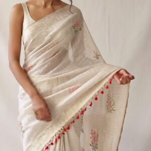 Ivory Jamdani Saree with Red Tassel Border & Floral Weave