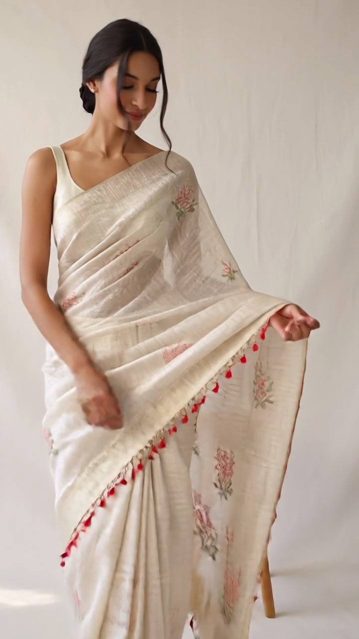 Ivory Jamdani Saree with Red Tassel Border & Floral Weave