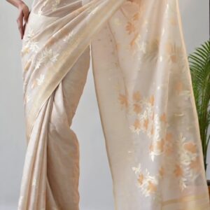 Soft Beige Jamdani Saree with Ivory & Gold Floral Weave