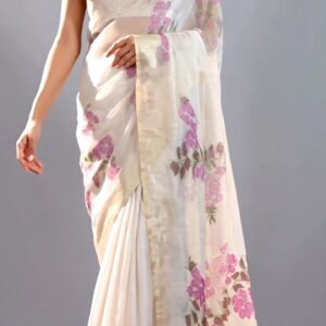Ivory Jamdani Saree with Handwoven Pink Floral & Bird Motifs