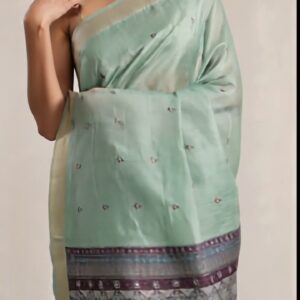 Mint Green Assam Silk Embroidered Saree with Woven Panel Border